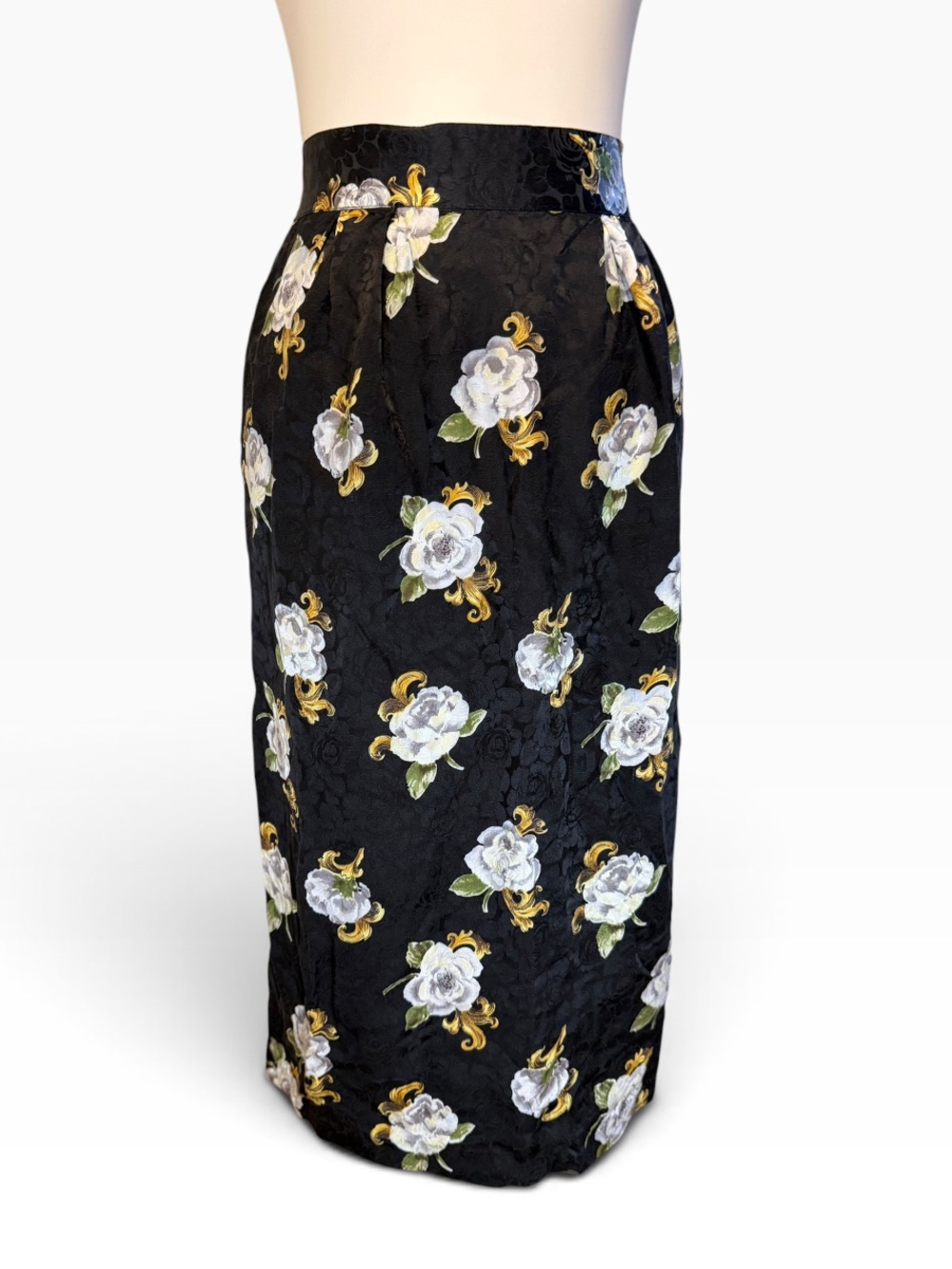 Brooks Brothers Black Pencil Skirt with White & Gold Floral Embroidery